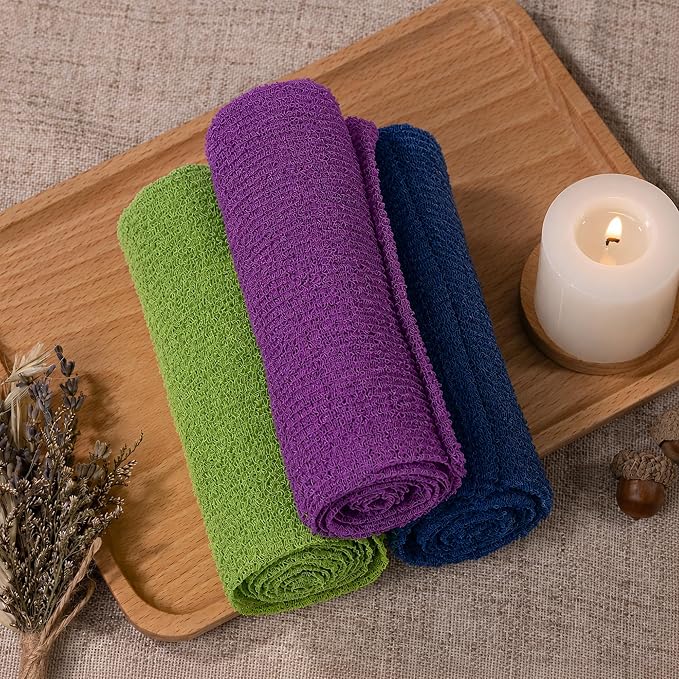 Exfoliating Washcloth Towel- Exfoliating Body Scrubber Exfoliator, Back Scrubber for Shower Bath, Exfoliate Rags Wash Cloths, Loofah Lufa Sponge, Deep Blue + Deep Purple + Olive Green