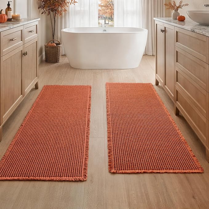MIULEE Fall Orange Set of 2 Waffle Bathroom Runner Rugs 2'x6'(24"x72") | Non Slip, Super Absorbent, Washable, Ultra Soft, Boho Bath Mats for Bathroom Hallway Bedroom Laundry Room Kitchen