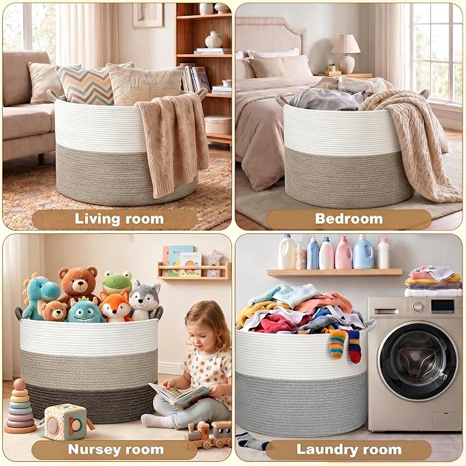 XXXXL 125L Extra Large Blanket Basket, 24.8" x 16" Jumbo Woven Basket (Includes 2 Cute Baskets), Cotton Rope Basket with Handle for Living Room, Baby Toys Nursery, Laundry, Home Decor (White/Brown)