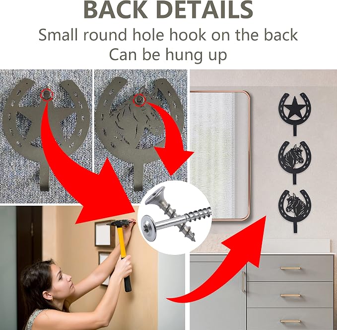 3PCS Horse Star Rustic Ranch Horse Head Hook Coat Hooks, Key Hooks
