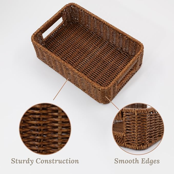 WeeNest Baskets for Organizing, Small Wicker, Storage Bins for Bathroom and Toilet Paper Rolls, Hand Woven Tank Topper with Handle, Set of 2, Toffee