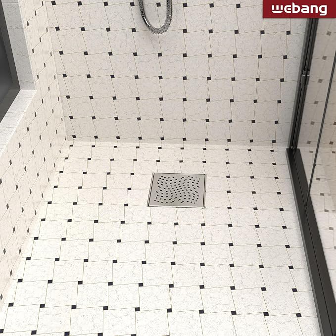 WEBANG 6 Inch Square Shower Drain Nickel Floor Drain with Flange Wave-Hole Pattern Cover Grate Removable SUS304 Stainless Steel Watermark&CUPC Certified Brushed Nickel