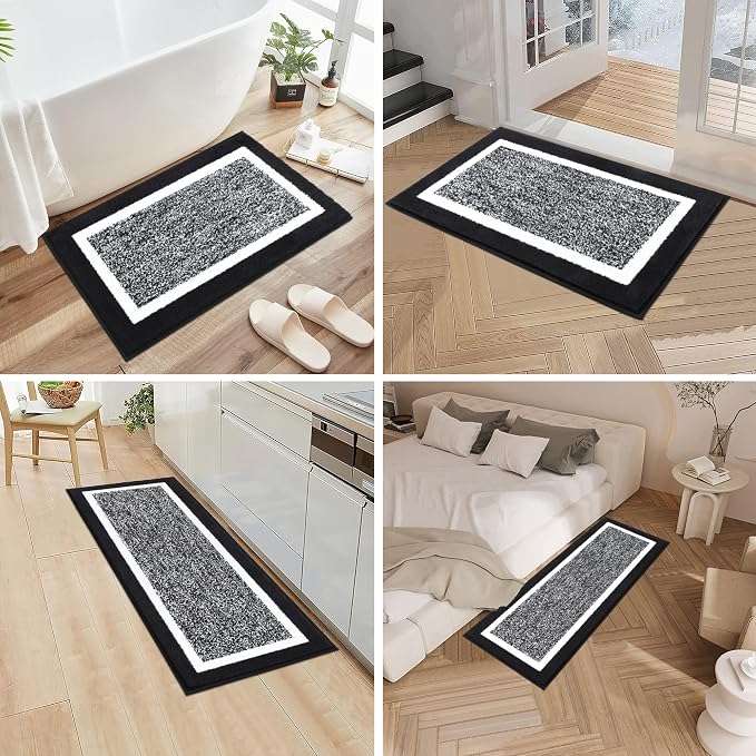 Pauwer Bathroom Rugs 3 Piece Set, Non Slip Washable Bath Mat, Black | Soft Plush Microfiber, Super Absorbent Floor Carpet, U Shaped Toilet Mats, Quick Dry, Shaggy Shower Rugs Runners