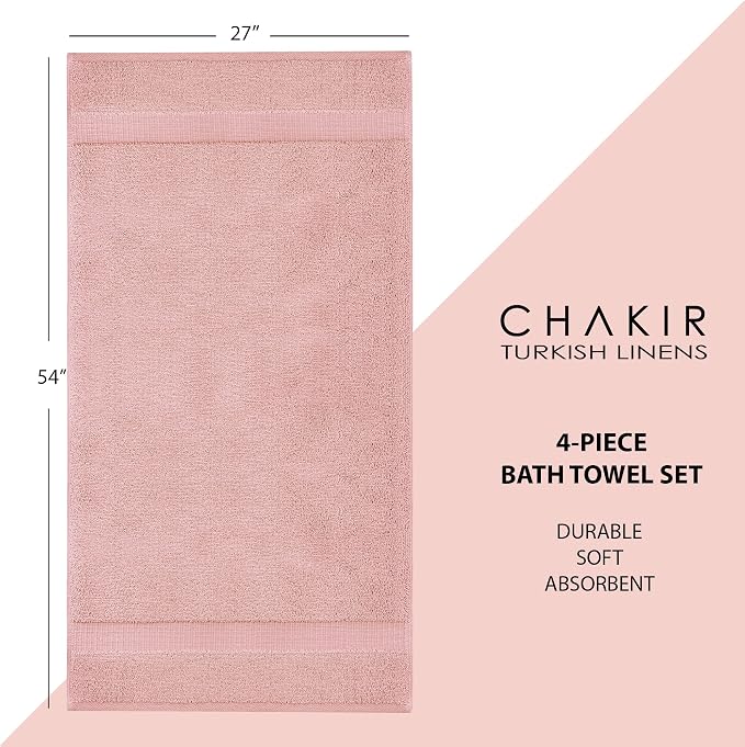 Chakir Turkish Linens 100% Cotton 4-Pack Bath Towels 27x54, Pink | 100% cotton bath towels, set of 4 at 27x54, OEKO-TEX certified, soft plush and absorbent