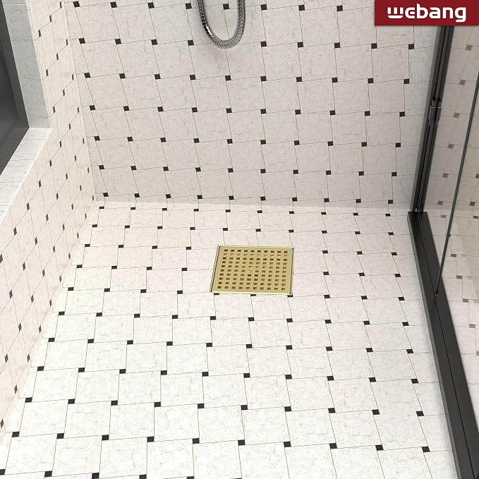 WEBANG 6 Inch Square Shower Drain Gold Floor Drain with Flange Square Holes Pattern Cover Grate Removable SUS304 Stainless Steel Watermark&CUPC Certified Brushed Gold
