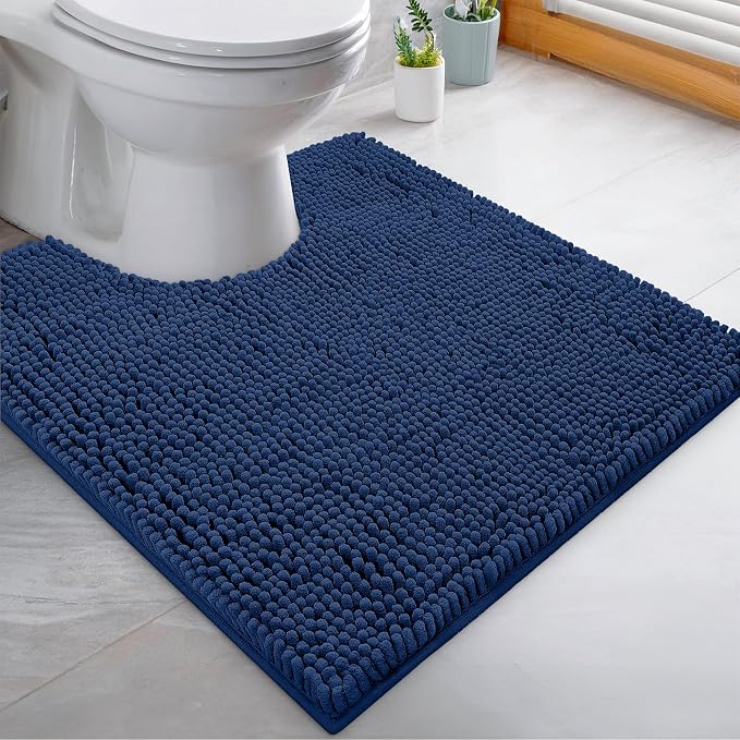 LuxUrux 3-Piece Bathroom Rug Set – Plush Chenille Bath Mats & U-Shaped Toilet Mat, Ultra-Soft, Absorbent & Non-Slip (20x20 U, 16x24 & 20x30 inches, Blue)