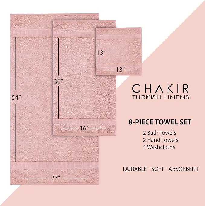 Chakir Turkish Linens 100% Cotton 8-Piece Towel Set, Pink | 100% cotton 8-pc set, OEKO-TEX certified: 2 bath 27x54, 2 hand 16x30, 4 washcloths 13x13