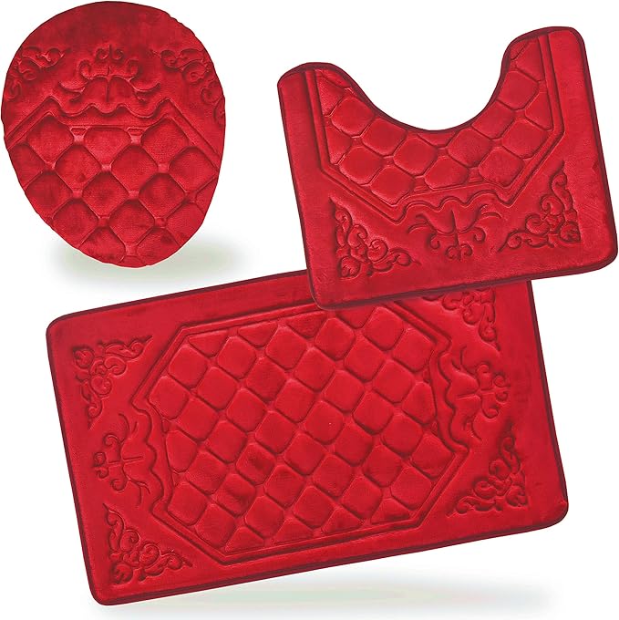 All American Collection 3PC Memory Foam Bath Mats Soft Plush Crown Design Anti-Slip Shower Bathroom Contour Toilet Lid Cover Rugs (Red)
