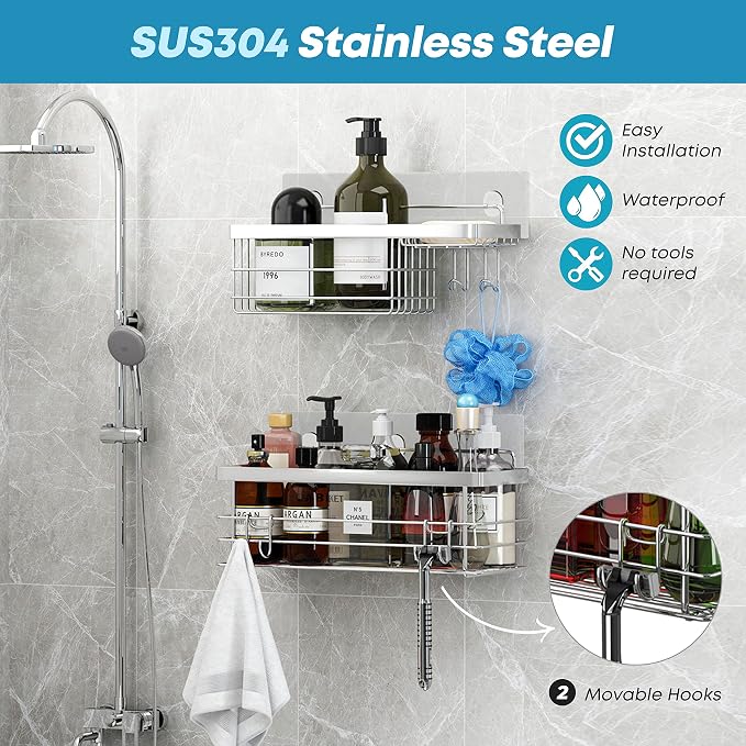 KESOL Shower Caddy and Soap Dish with Hooks Shower Shelf Organizer, No Drilling Adhesive Wall Mounted Bathroom Shelf, Rust Resistant Stainless Steel (2 Pack), Silver