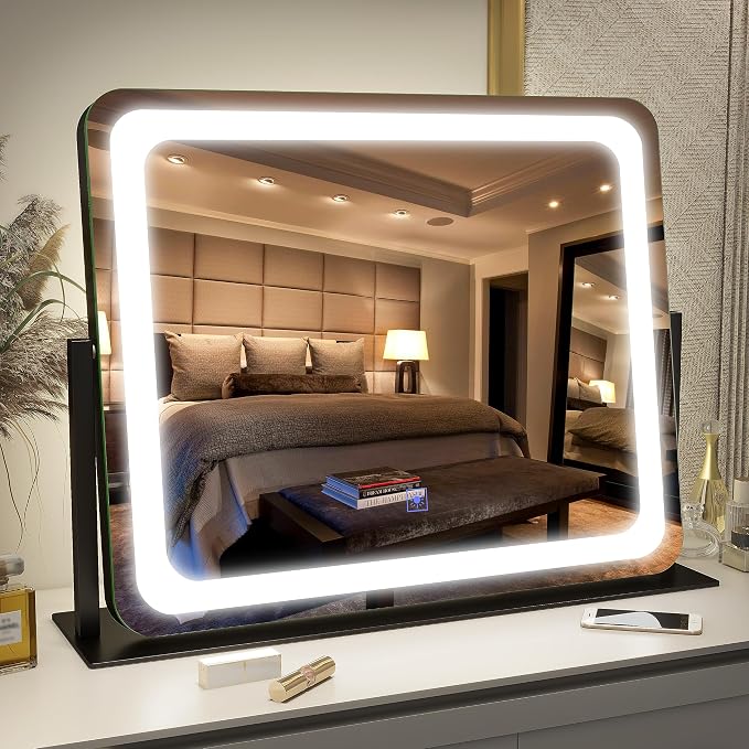 FENNIO Vanity Mirror with Lights 22"x17",LED Lighted Makeup Mirror,Large Makeup Mirror with Lights,Touch Screen with 3-Color Lighting,Led Mirror Makeup,Dimmable,for Vanity Desk Tabletop,Bedroom