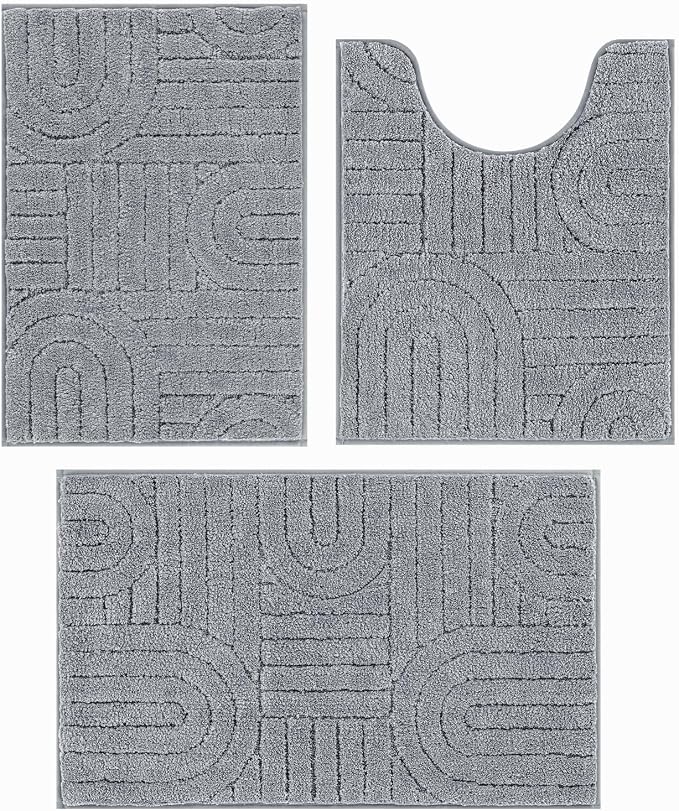 Vaukki Light Grey Bathroom Rugs Sets 3 Piece, 32x20+26x18+24x20 Inch | Washable Non Slip Soft Bath Mats for Shower and Tub, Plush Absorbent Microfiber Toilet Rug U Shaped