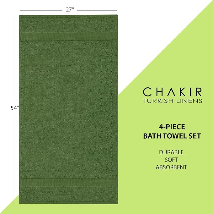 Chakir Turkish Linens 100% Cotton 4-Pack Bath Towels 27x54, Moss | 100% cotton bath towels, set of 4 at 27x54, OEKO-TEX certified, soft plush and absorbent