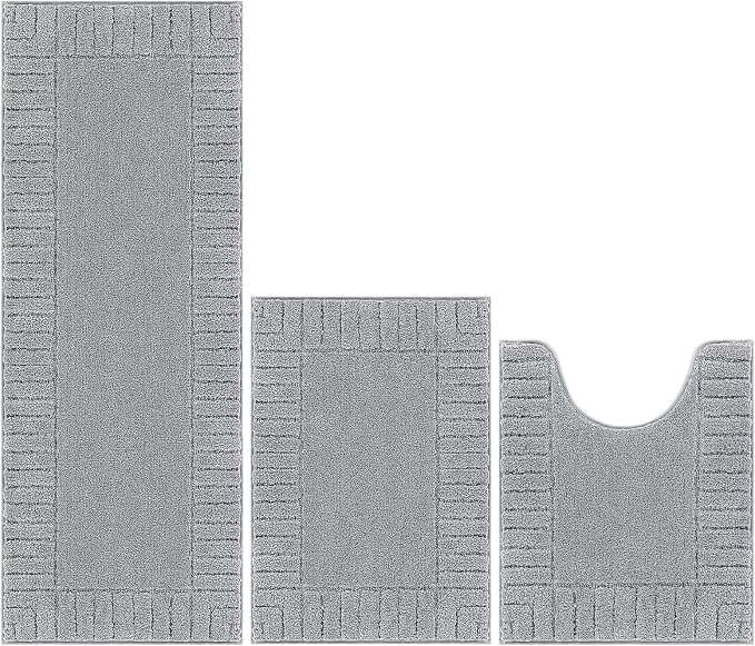 Pauwer Bathroom Rugs Sets 3 Piece, Microfiber Bath Mat Set, Light Grey | Non Slip Washable, Soft Plush, Extra Absorbent Bath Mats, U Shaped Contour Toilet Rug for Bathroom