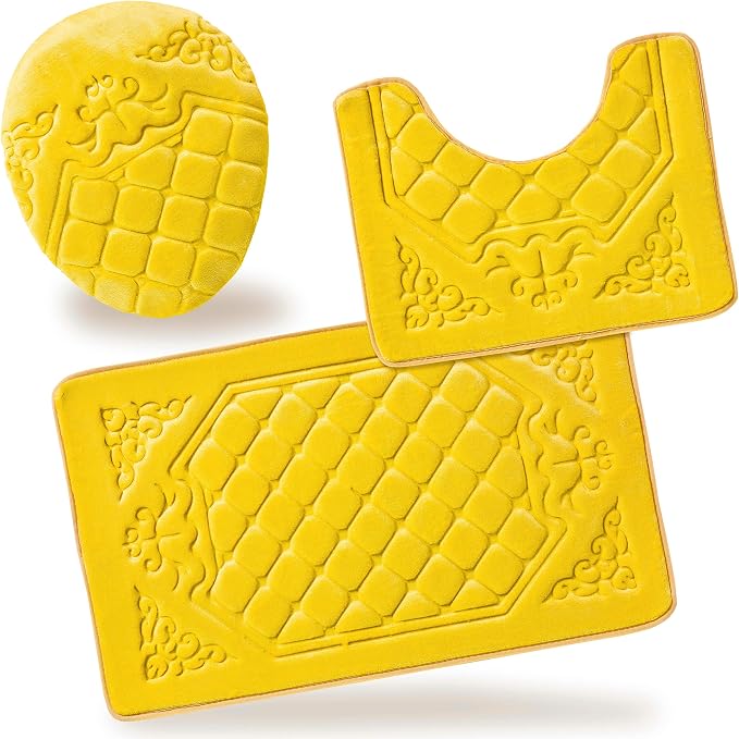 All American Collection 3PC Memory Foam Bath Mats Soft Plush Crown Design Anti-Slip Shower Bathroom Contour Toilet Lid Cover Rugs (Yellow)