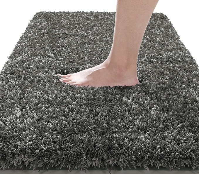 Yimobra Luxury Bathroom Rugs, Fluffy Bath Mats, Non Slip, Water Absorbent Microfiber, Machine Washable, Plush Runner Shower Rug, Thick Matts for Bathroom Floor/Tub, 47"x 24", Light Gray and Black Gray