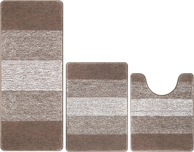 Pauwer 3 Piece Bathroom Rug Set, Microfiber Non Slip Bath Mats, Brown | Machine Washable, Quick Dry, Ultra Absorbent Floor Carpet, Plush Shower Rugs, U-Shaped Contour Toilet Mat