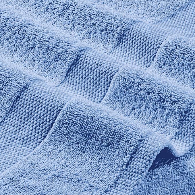 White Classic Light Blue Bath Towel Set of 6-100% Cotton Highly Absorbent Towels for Bathroom, 2 Luxury Bath Towels 650GSM, 2 Hand Towels, 2 Washcloths