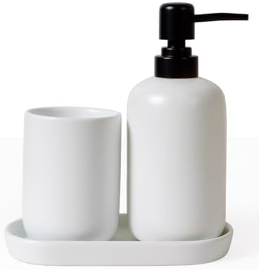 INGOFIN 3 Pcs Ceramic Bathroom Accessory Set - Liquid Soap Dispenser, Toothbrush Holder & Tray, Bathroom Counter Set, Countertop Essentials for Home, Guest Bathroom, or Office Use, White