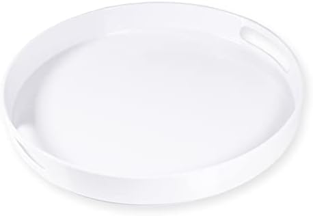 White Serving Tray Large Melamine Platter Round Breakfast Trays with Handles for Coffee Table Ottoman Living Room Home Décor Holiday Celebration & Party (13.5")