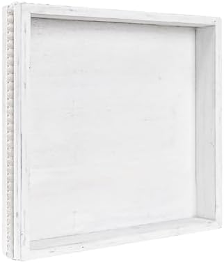 Wooden Decorative Tray, Small Serving Tray with Wood Bead, Farmhouse Big Tray for Ottoman, Countertop, Coffee Tabl, 13" x 13"x 1.6" (Retro White)