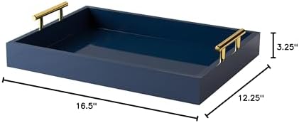 Kate and Laurel Lipton Decorative Tray with Polished Metal Handles, Navy Blue and Gold