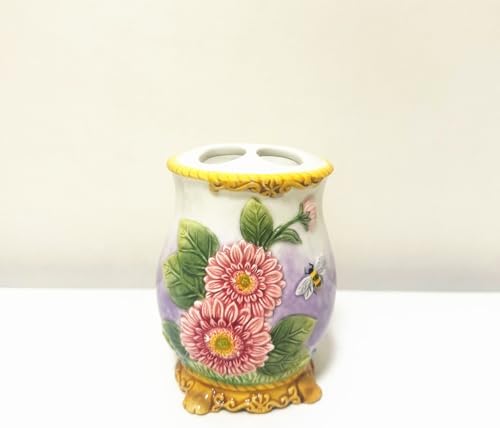 Ceramic Sunflower Bathroom Accessories Set, 4 Piece Bathroom Ensemble Set with Toothbrush Holder, Toothbrush Cup, Soap Dispenser, Soap Dish (Pink)
