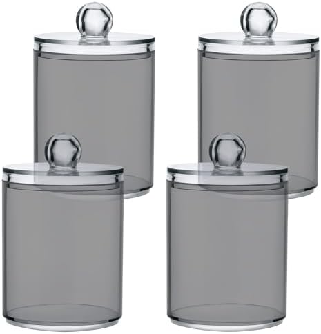 Gredecor 4 Pack Grey Qtip Holder Organizer Dispenser Clear Bathroom Storage Canister Cotton Ball Holder Bathroom Containers for Cotton Swabs/Pads/Floss