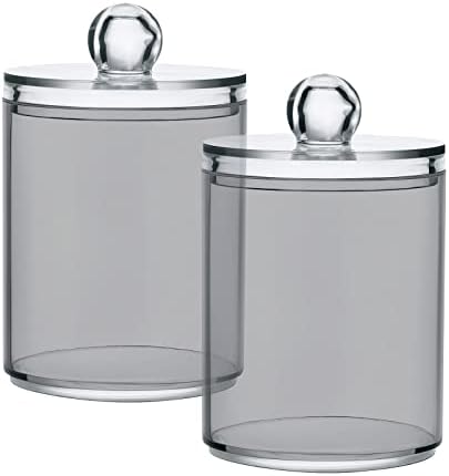 SHJI Grey Qtip Holder Organizer Dispenser Cotton Swabs Cans Plastic Jars with Lid Set 4 Pack Bathroom Storage Canister for Cotton Ball Floss Cotton Pads