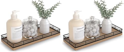 Bathroom Tray for Counter Top Organizer, Acacia Wood Vanity Tray (Pack of 2)