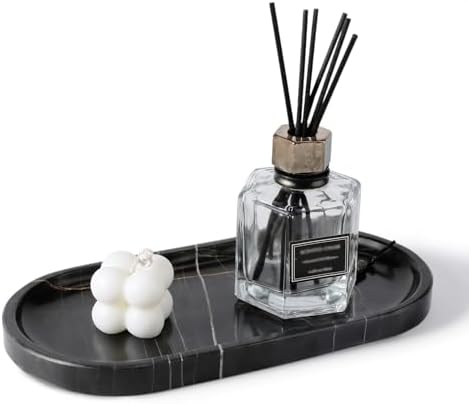 Koville Black Marble Vanity Tray for Bathroom Countertop, 10"x5" Natural Marble Catchall Tray Perfume Trays for Dresser, Stone Jewelry Dish Candle Holder for Home Decor, Stone Oval Trays
