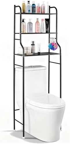 3-Tier Over-The-Toilet Storage Shelf, Freestanding Metal Bathroom Organizer with Hooks, Space-Saving Above Toilet Shelves for Small Bathroom, Adjustable Feet, Anti-Tip Design, Black