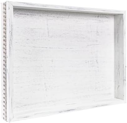 Wooden Decorative Tray, Rectangular Serving Tray with Wood Bead, Farmhouse Big Tray for Ottoman, Countertop, Coffee Tabl, 16.5" x 13"x 1.6" (Retro White)