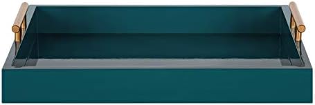 Kate and Laurel Lipton Mid Century Modern Decorative Wood Tray with Brushed Gold Metal Handles, Dark Teal