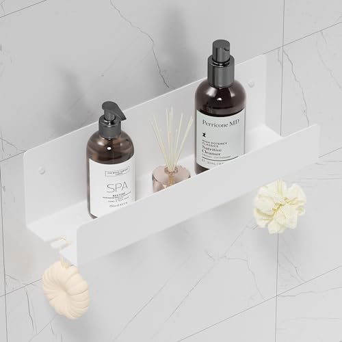 Qeke Shower Caddy, 12" Bathroom Shower Shelf Organizer with 2 Hooks, SUS304 Stainless Steel Floating Shower Shelves with Large Capacity, Rustproof Shower Rack for Inside Shower, Matte White