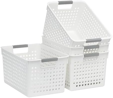 Soddeph 4 Pack Plastic Deep Storage Basket with Handles, Cubbies Organizer Bins with Hollow Design for Under Counter, Closet, Kitchen or Bathroom 12.3" × 8.7" × 6.9"(White, Medium)