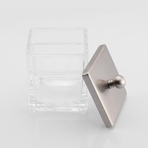 Glass Cotton Jar Holder 2 Pack– Satin Nickel Lid, Elegant Bathroom Storage Canister for Qtips, Cotton Balls, Floss, Makeup Organizer, Vanity & Bathroom Organization