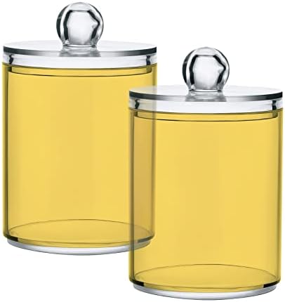 DOMIKING Lemon Yellow 2 Pack Cotton Swab Holder Dispenser Plastic Jar Bathroom Storage Canister Acrylic Containers for Cotton Ball Floss Picks Hair Clips