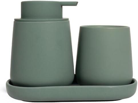 INGOFIN 3 Pcs Ceramic Bathroom Accessory Set - Liquid Soap Dispenser, Toothbrush Holder & Tray, Bathroom Counter Set, Countertop Essentials for Home, Guest Bathroom, or Office Use, Matte Green