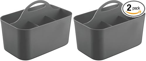 mDesign Small Plastic Shower/Bath Storage Organizer Caddy Tote with Handle for Dorm, Shelf, Cabinet - Hold Soap, Shampoo, Conditioner, Combs, Brushes, Lumiere Collection, Dark Gray (Pack of 2)