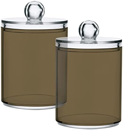 SHJI Tan Qtip Holder Organizer Dispenser Cotton Swabs Cans Plastic Jars with Lid Set 2 Pack Bathroom Storage Canister for Cotton Ball Floss Cotton Pads