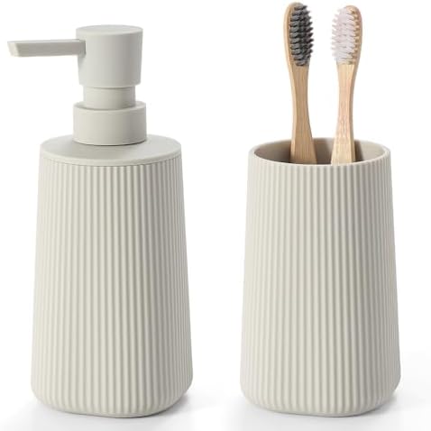 YAUKPH Bathroom Soap Dispenser and Toothbrush Holder Striped Beige