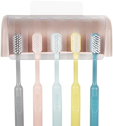 5 Slots Wall Mount Toothbrush Holder with Cover, Self Adhesive Toothbrush Storage Organizer for Shower, Toothbrush Hanger for Bathroom, Medicine Cabinet, Dorm (Pink)