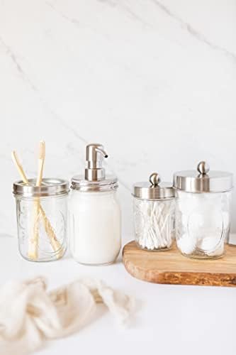Jarmazing Products Ball Mason Jar Bathroom Gift Set (4 pcs) - Lotion/Soap Dispenser, Toothbrush Holder, Q-Tip Storage Jars - Farmhouse Home Decor for Vanity Organization - Stainless Steel