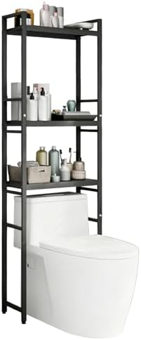 3-Tier Over Toilet Storage Rack, Freestanding Above Toilet Shelf Bathroom Organizer Shelf Over Toilet Adjustable Wooden Shelves Space Saver for Rooms Bathroom Cabinet for Laundry (Black)