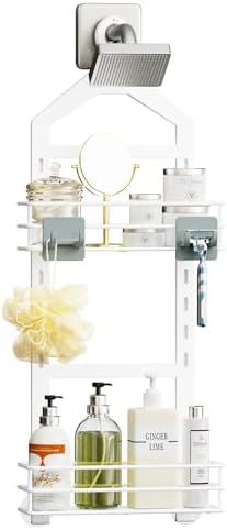 Orimade Adjustable Anti-slip Shower Caddy over Shower Head, Rustproof Bathroom Hanging Shower Organizer with 2 Hooks for Razor, No Drilling Shelves Storage Rack 2 Tier, White