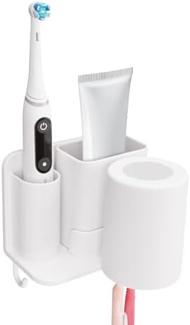 Toothbrush Holders with Mouthwash Cup Wall Mounted for Bathrooms, 2 Slots Bathroom Organizer for Toothpaste, Electric Toothbrush, Razor, Floss, Self Adhesive Toothbrush Hanger Storage for Shower