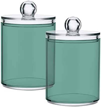 SHJI Teal Green Retro Qtip Holder Organizer Dispenser Cotton Swabs Cans Plastic Jars with Lid Set 4 Pack Bathroom Storage Canister for Cotton Ball Floss Cotton Pads