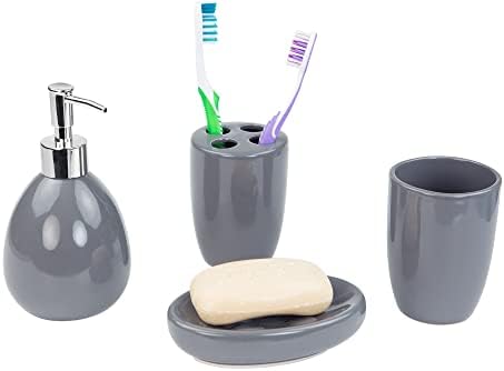 4-Piece Ceramic Bathroom Set (Grey), By Home Basics | Contemporary Design Bathroom Accessory Sets | Accessories For Bathroom | Includes Soap Dish, Tumbler, Toothbrush Holder, and Lotion Dispenser
