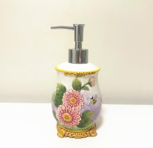 Ceramic Sunflower Bathroom Accessories Set, 4 Piece Bathroom Ensemble Set with Toothbrush Holder, Toothbrush Cup, Soap Dispenser, Soap Dish (Pink)