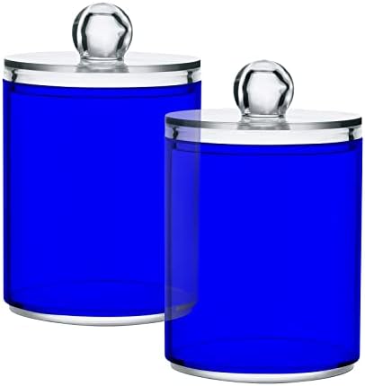 SHJI Blue Qtip Holder Organizer Dispenser Cotton Swabs Cans Plastic Jars with Lid Set 4 Pack Bathroom Storage Canister for Cotton Ball Floss Cotton Pads